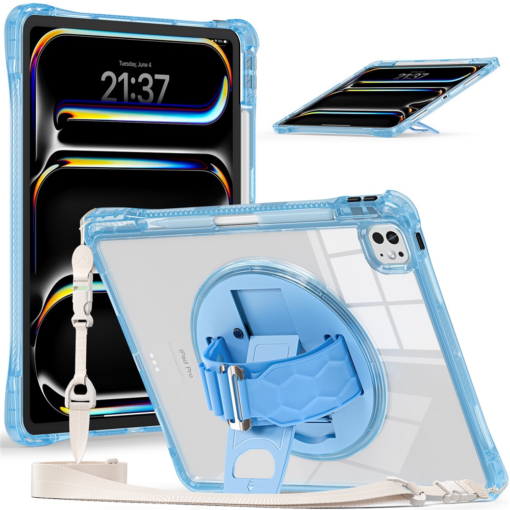 For iPad Pro 13 (2024) Kickstand Case Hand Strap PC+TPU+Acrylic Cover with Shoulder Strap - Baby Blue