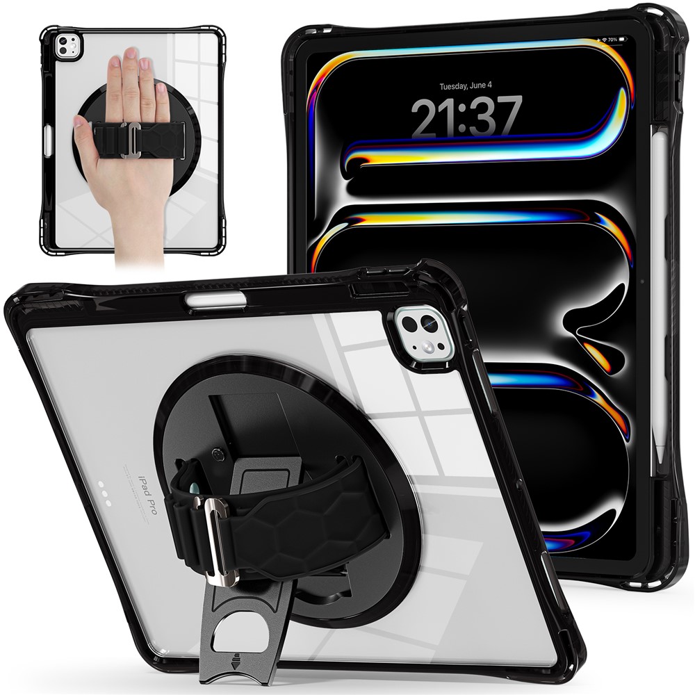 For iPad Pro 13 (2024) Case Hand Strap Kickstand PC+TPU+Acrylic Clear Tablet Cover - Black