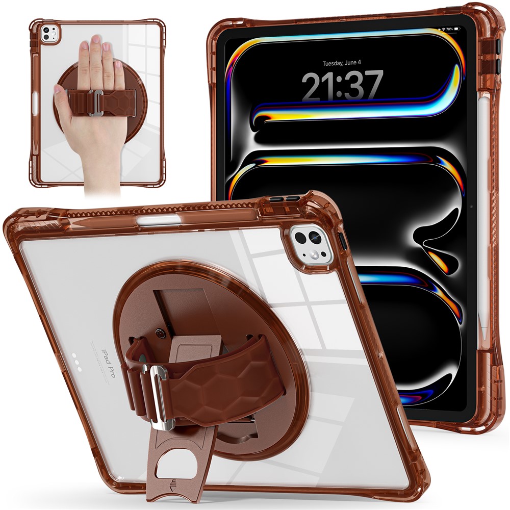 For iPad Pro 13 (2024) Case Hand Strap Kickstand PC+TPU+Acrylic Clear Tablet Cover - Chocolate Color