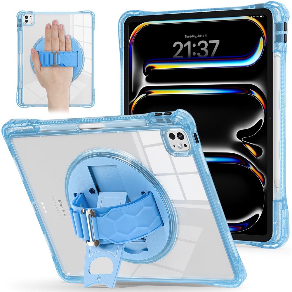For iPad Pro 13 (2024) Case Hand Strap Kickstand PC+TPU+Acrylic Clear Tablet Cover - Baby Blue