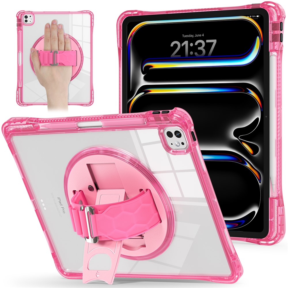 For iPad Pro 13 (2024) Case Hand Strap Kickstand PC+TPU+Acrylic Clear Tablet Cover - Rose