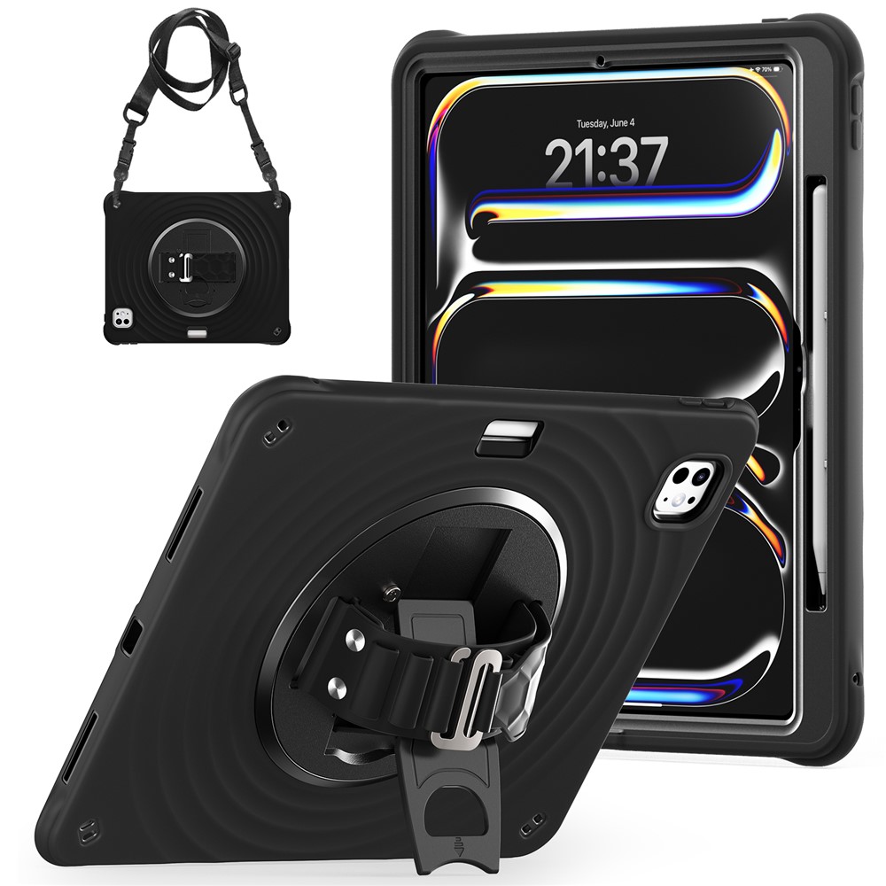 For iPad Pro 13 (2025) / 13 (2024) Case Kickstand Hand Strap Tablet Cover with Shoulder Strap - Black