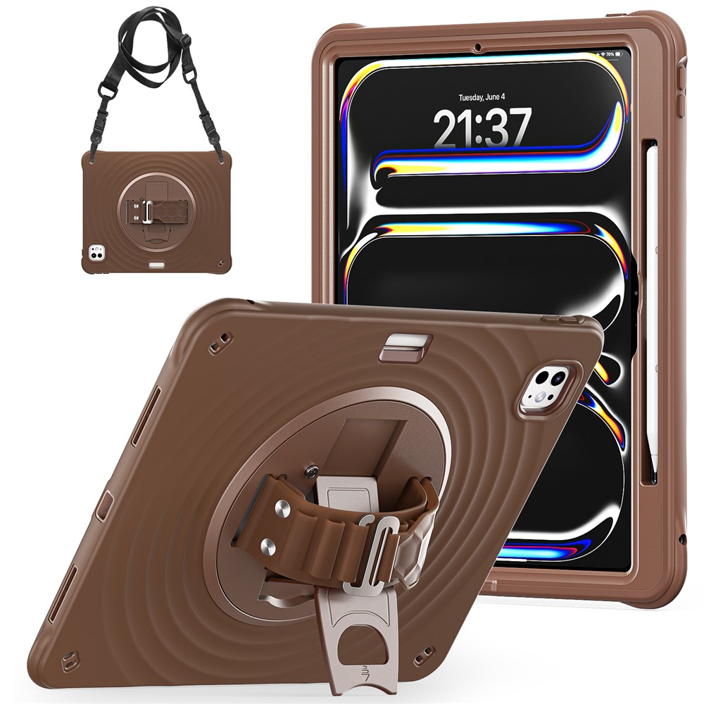 For iPad Pro 13 (2025) / 13 (2024) Case Kickstand Hand Strap Tablet Cover with Shoulder Strap - Chocolate Color