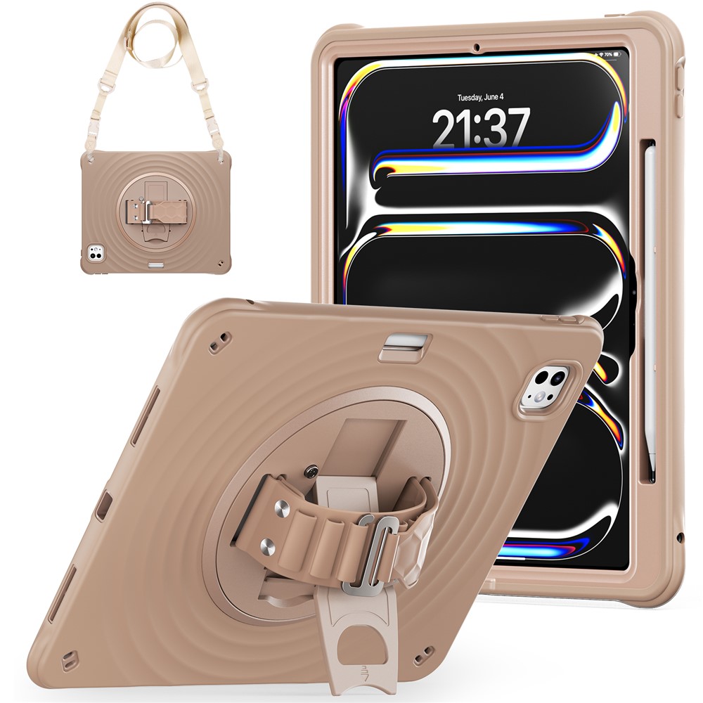For iPad Pro 13 (2025) / 13 (2024) Case Kickstand Hand Strap Tablet Cover with Shoulder Strap - Latte Color
