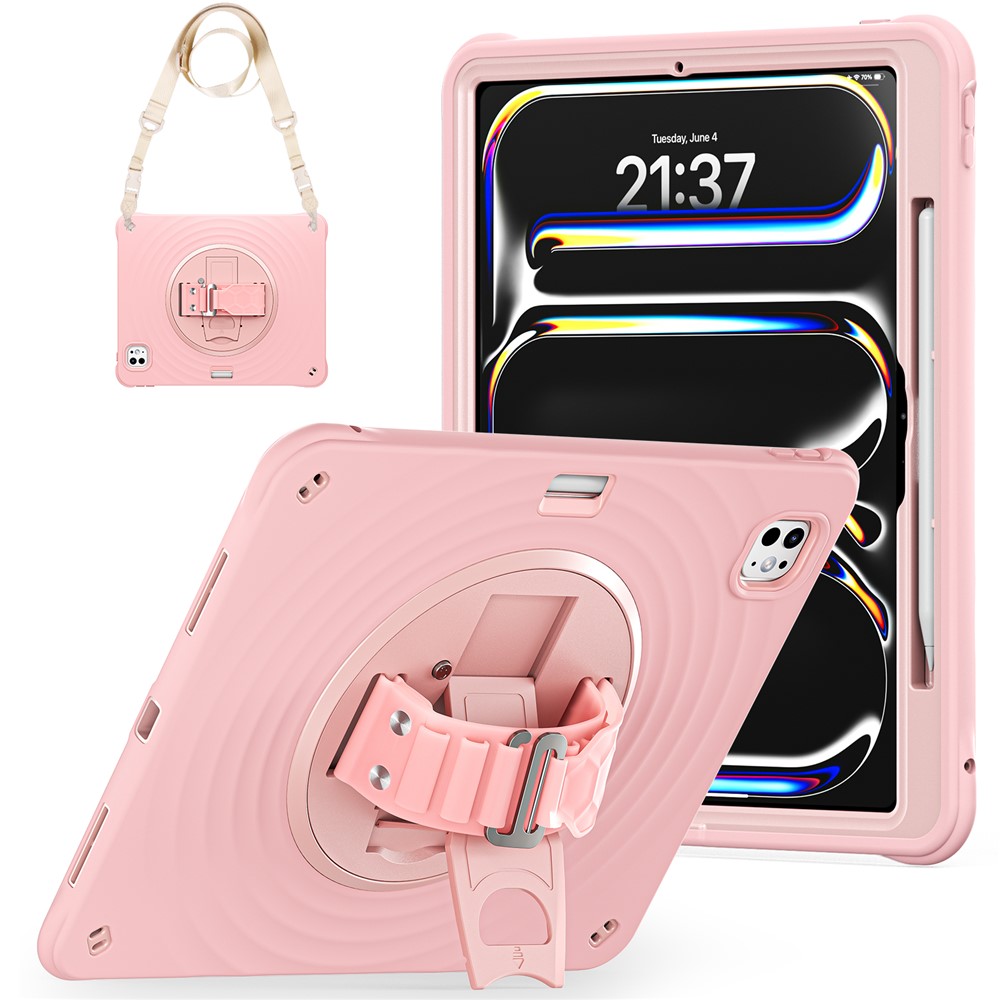 For iPad Pro 13 (2025) / 13 (2024) Case Kickstand Hand Strap Tablet Cover with Shoulder Strap - Pink