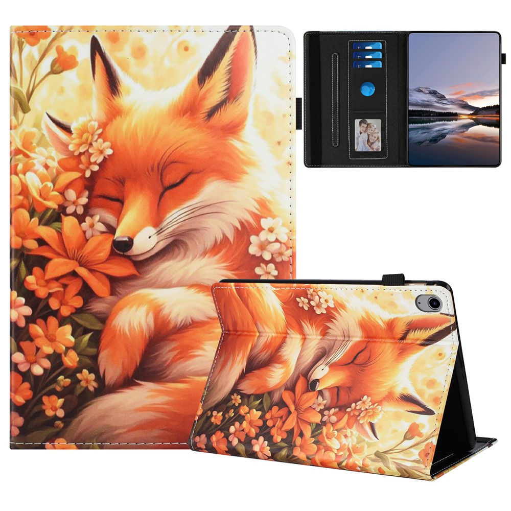 For iPad (2025) / 10.9 (2022) Case Pattern Leather Tablet Cover with Auto Sleep / Wake, Card Holder - Flower Fox