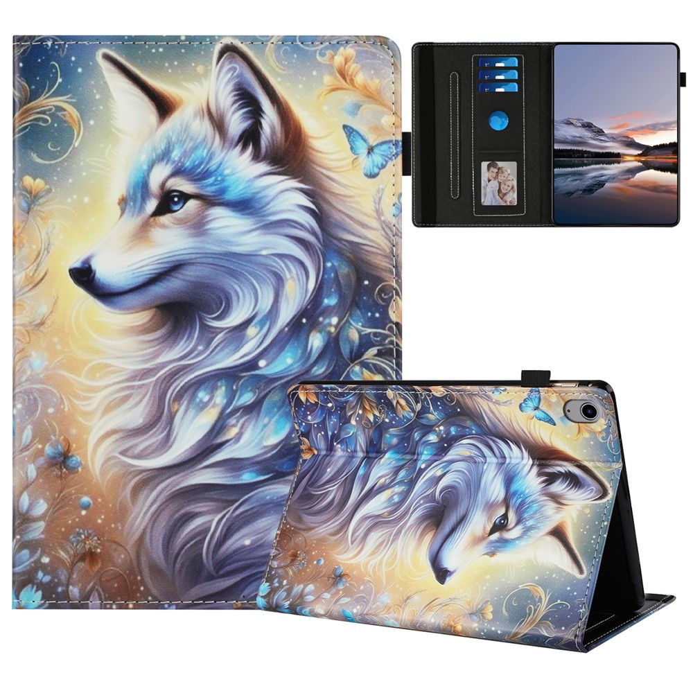 For iPad (2025) / 10.9 (2022) Case Pattern Leather Tablet Cover with Auto Sleep / Wake, Card Holder - White Wolf