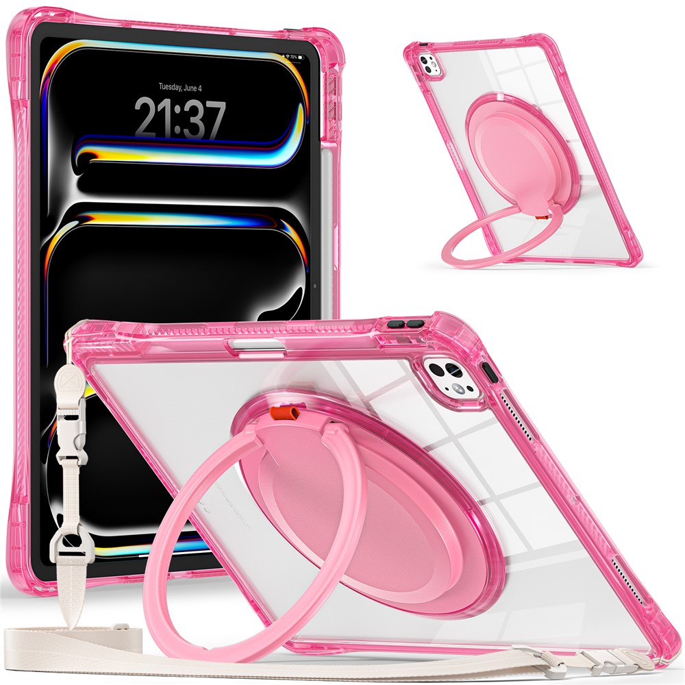 For iPad Pro 13 (2025) / 13 (2024) Case with Shoulder Strap Kickstand PC+TPU+Acrylic Tablet Cover - Rose