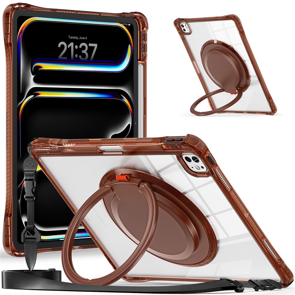 For iPad Pro 13 (2025) / 13 (2024) Case with Shoulder Strap Kickstand PC+TPU+Acrylic Tablet Cover - Chocolate Color
