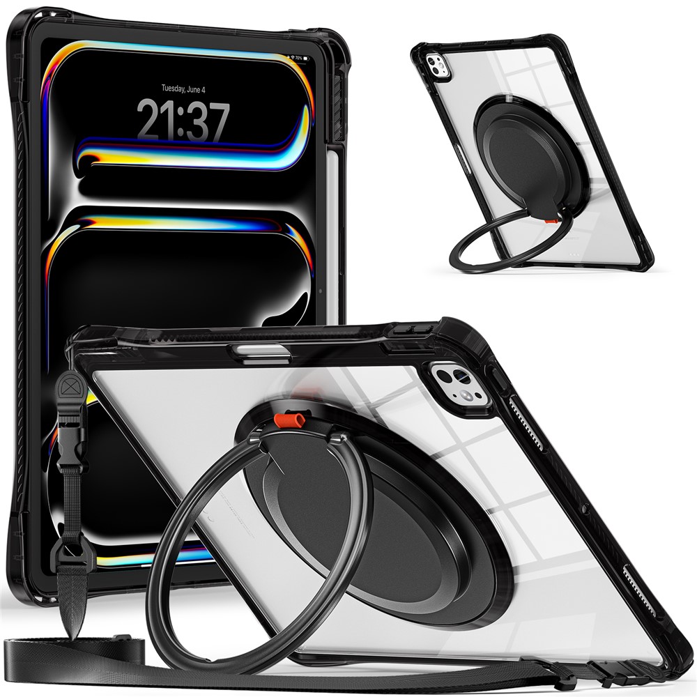 For iPad Pro 13 (2025) / 13 (2024) Case with Shoulder Strap Kickstand PC+TPU+Acrylic Tablet Cover - Black