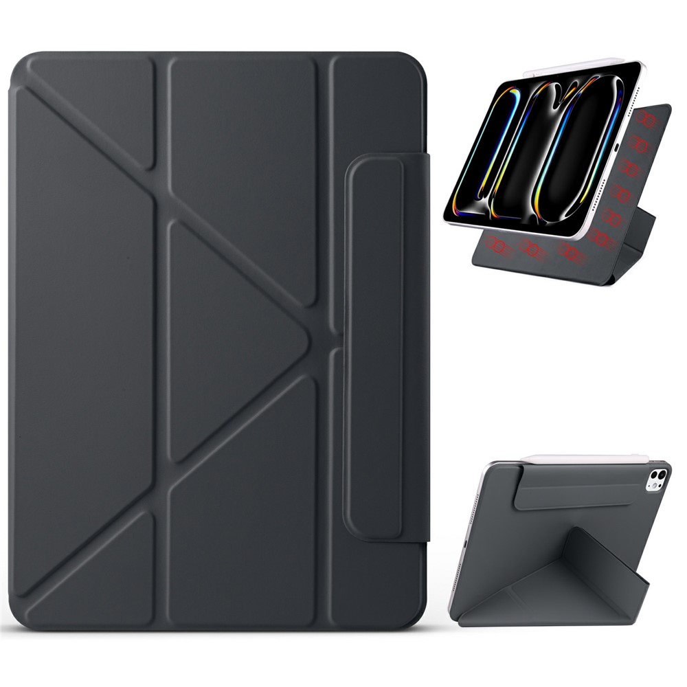 For iPad Pro 11 (2025) / 11 (2024) Case PC + PU Leather Origami Stand Magnetic Tablet Cover - Black