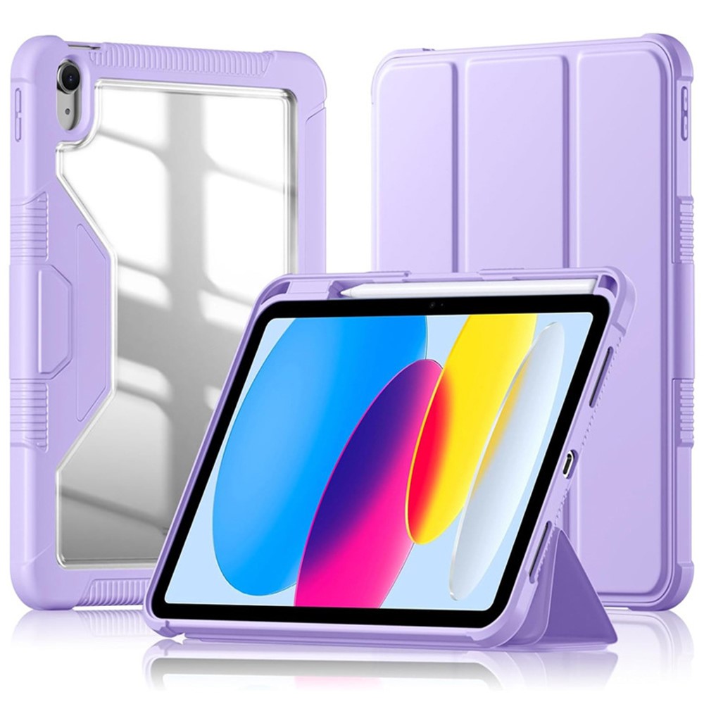 Bulk Purchasing For iPad (2025) / 10.9 (2022) Case Stand Leather+TPU+PC Clear Tablet Cover with Pen Slot - Purple