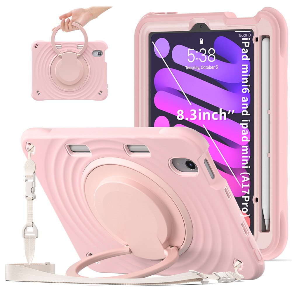 For iPad mini (2024) / (2021) Case with Shoulder Strap Kickstand PC Silicone TPU Tablet Cover - Pink
