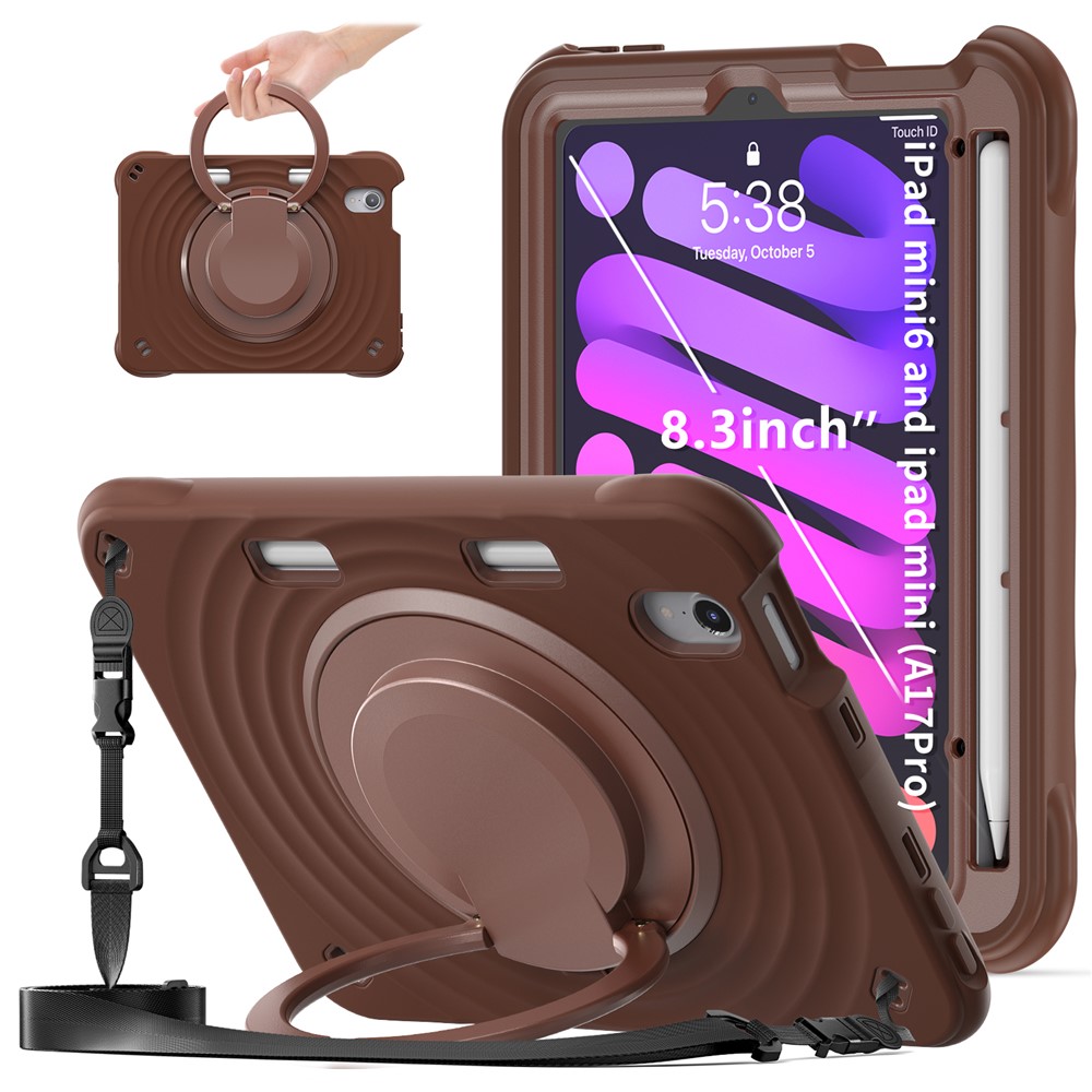 For iPad mini (2024) / (2021) Case with Shoulder Strap Kickstand PC Silicone TPU Tablet Cover - Chocolate Color