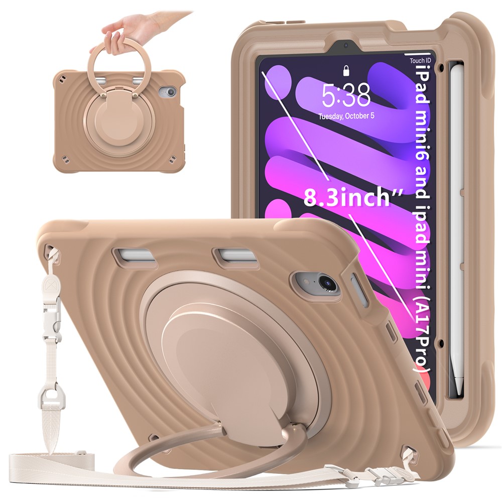 For iPad mini (2024) / (2021) Case with Shoulder Strap Kickstand PC Silicone TPU Tablet Cover - Latte Color