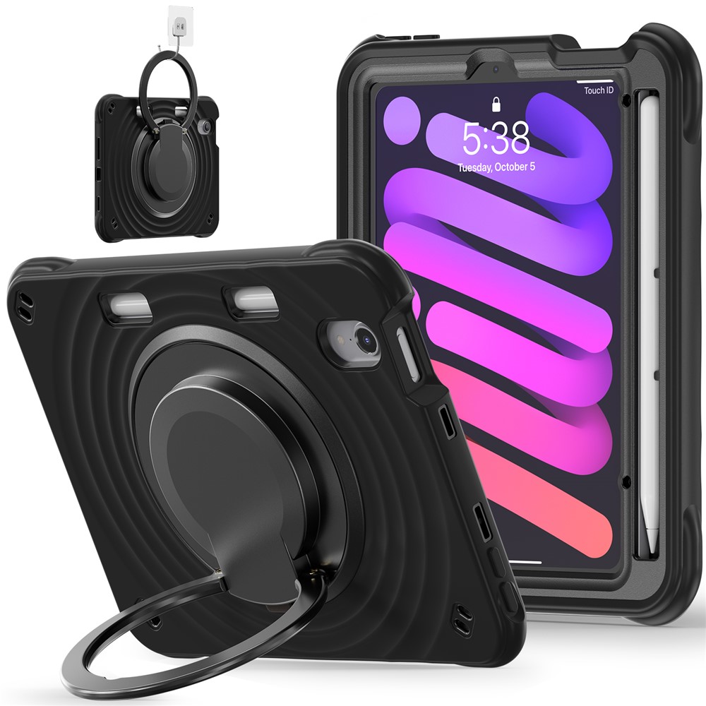 For iPad mini (2024) / (2021) Case Rotatable Hand Grip Kickstand PC Silicone TPU Tablet Cover - Black