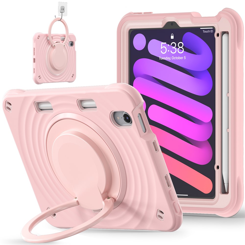 For iPad mini (2024) / (2021) Case Rotatable Hand Grip Kickstand PC Silicone TPU Tablet Cover - Pink