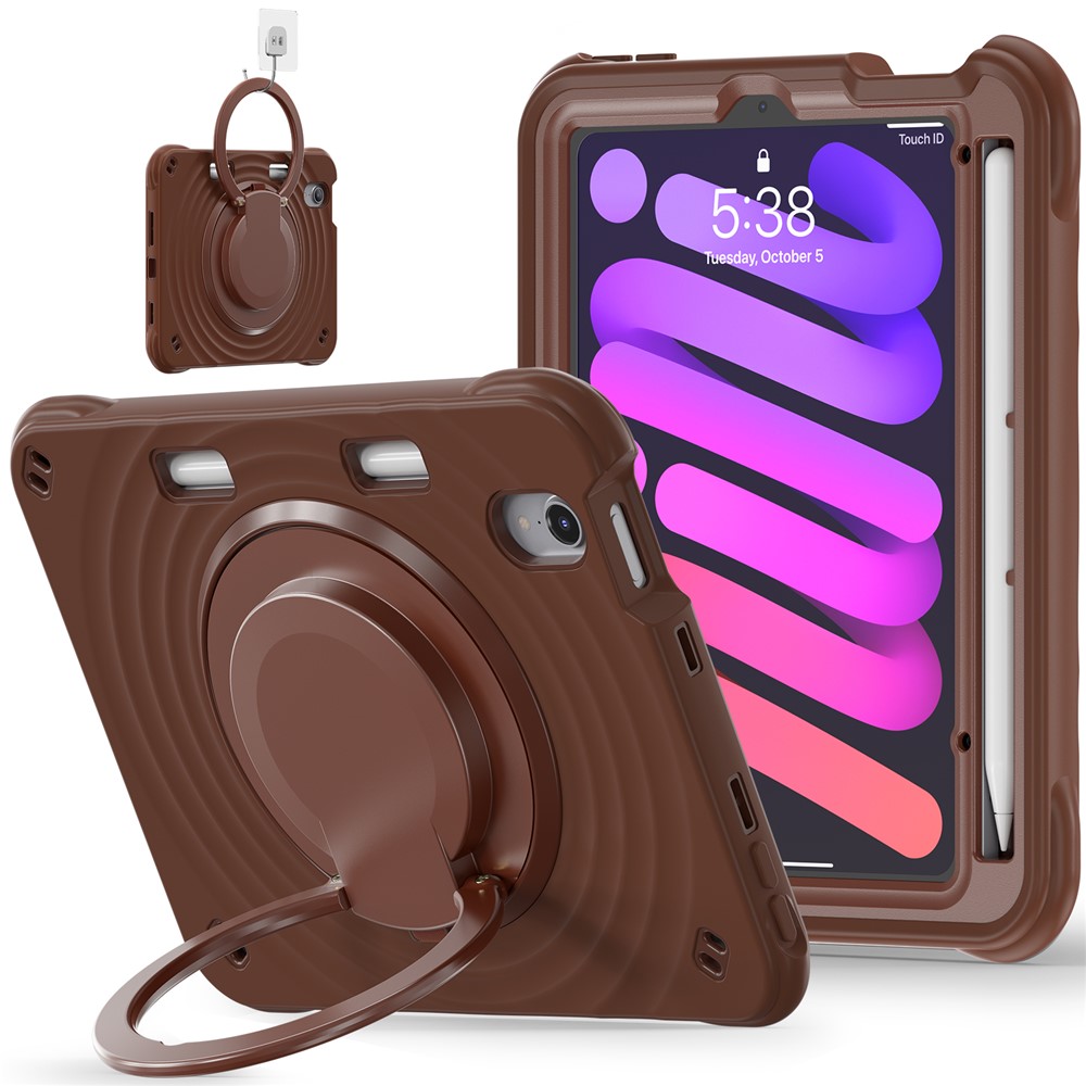 For iPad mini (2024) / (2021) Case Rotatable Hand Grip Kickstand PC Silicone TPU Tablet Cover - Chocolate Color