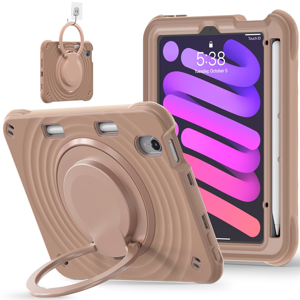 For iPad mini (2024) / (2021) Case Rotatable Hand Grip Kickstand PC Silicone TPU Tablet Cover - Latte Color