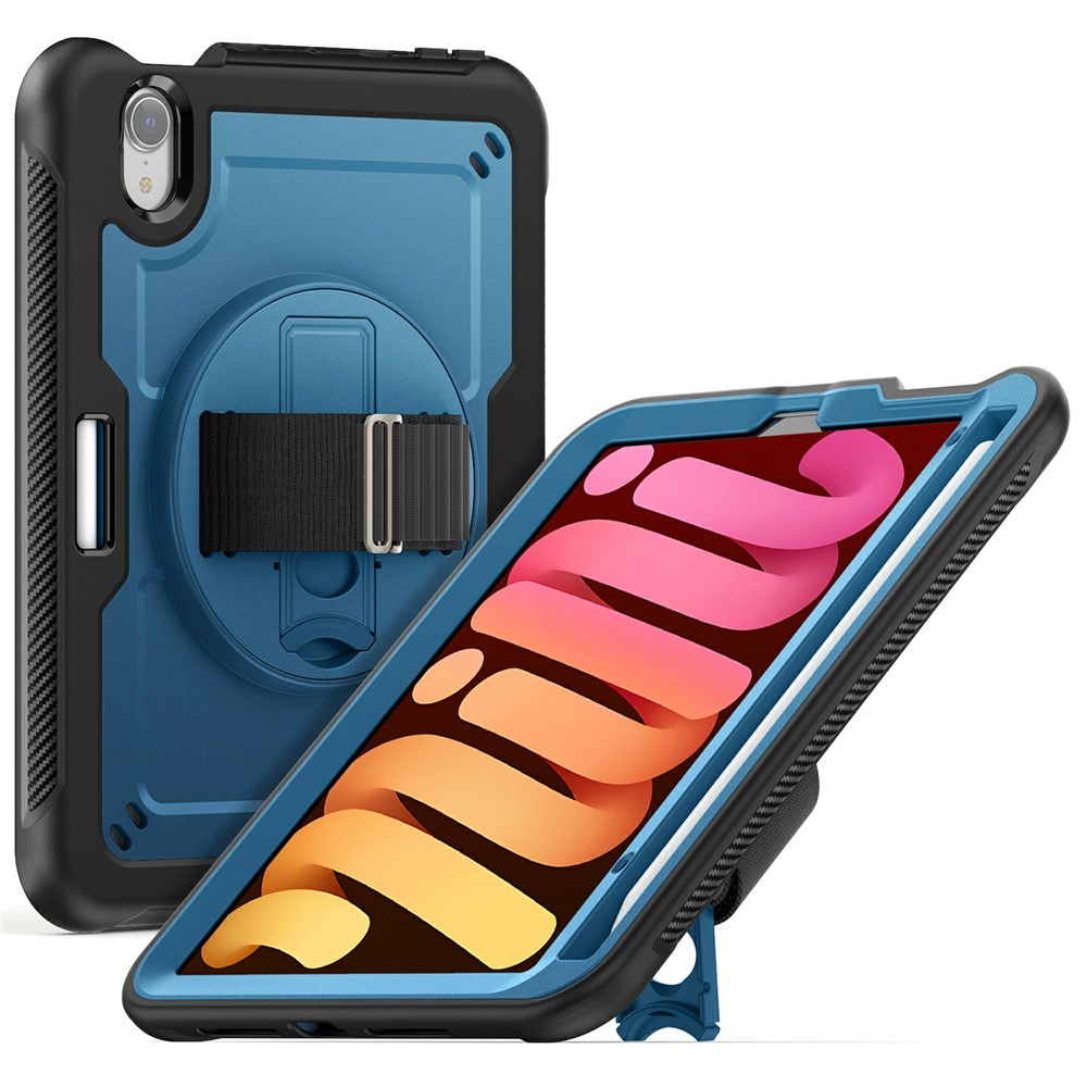 For iPad mini (2024) / (2021) Case Hand Strap Kickstand PC + TPU Tablet Cover with Pencil Holder - Navy Blue