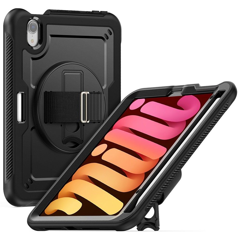 For iPad mini (2024) / (2021) Case Hand Strap Kickstand PC + TPU Tablet Cover with Pencil Holder - Black