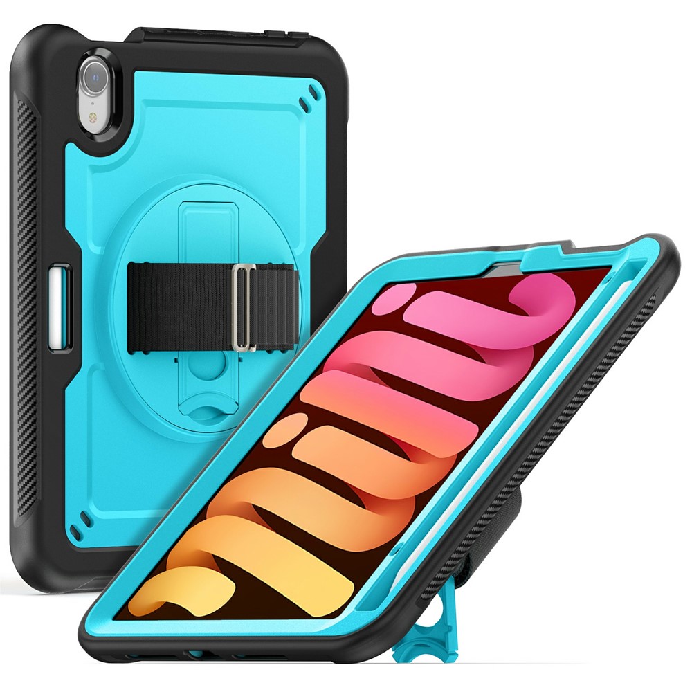 For iPad mini (2024) / (2021) Case Hand Strap Kickstand PC + TPU Tablet Cover with Pencil Holder - Baby Blue
