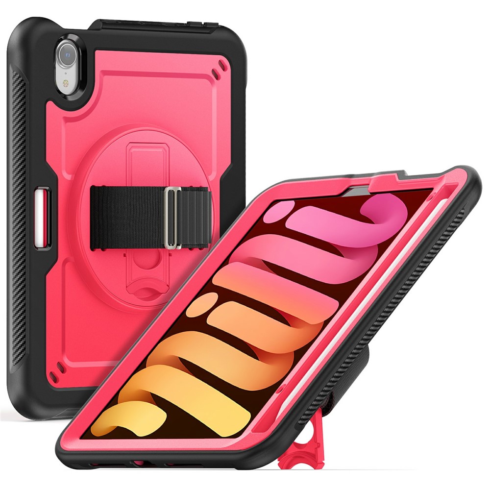 For iPad mini (2024) / (2021) Case Hand Band Kickstand PC + TPU Tablet Cover with Shoulder Strap and Pencil Holder - Rose