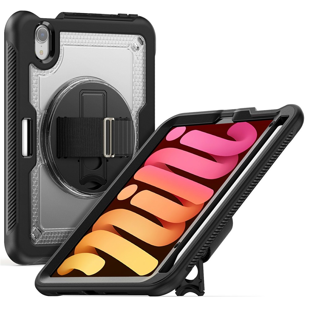 For iPad mini (2024) / (2021) Case Hand Band Kickstand PC + TPU Tablet Cover with Shoulder Strap and Pencil Holder - Transparent
