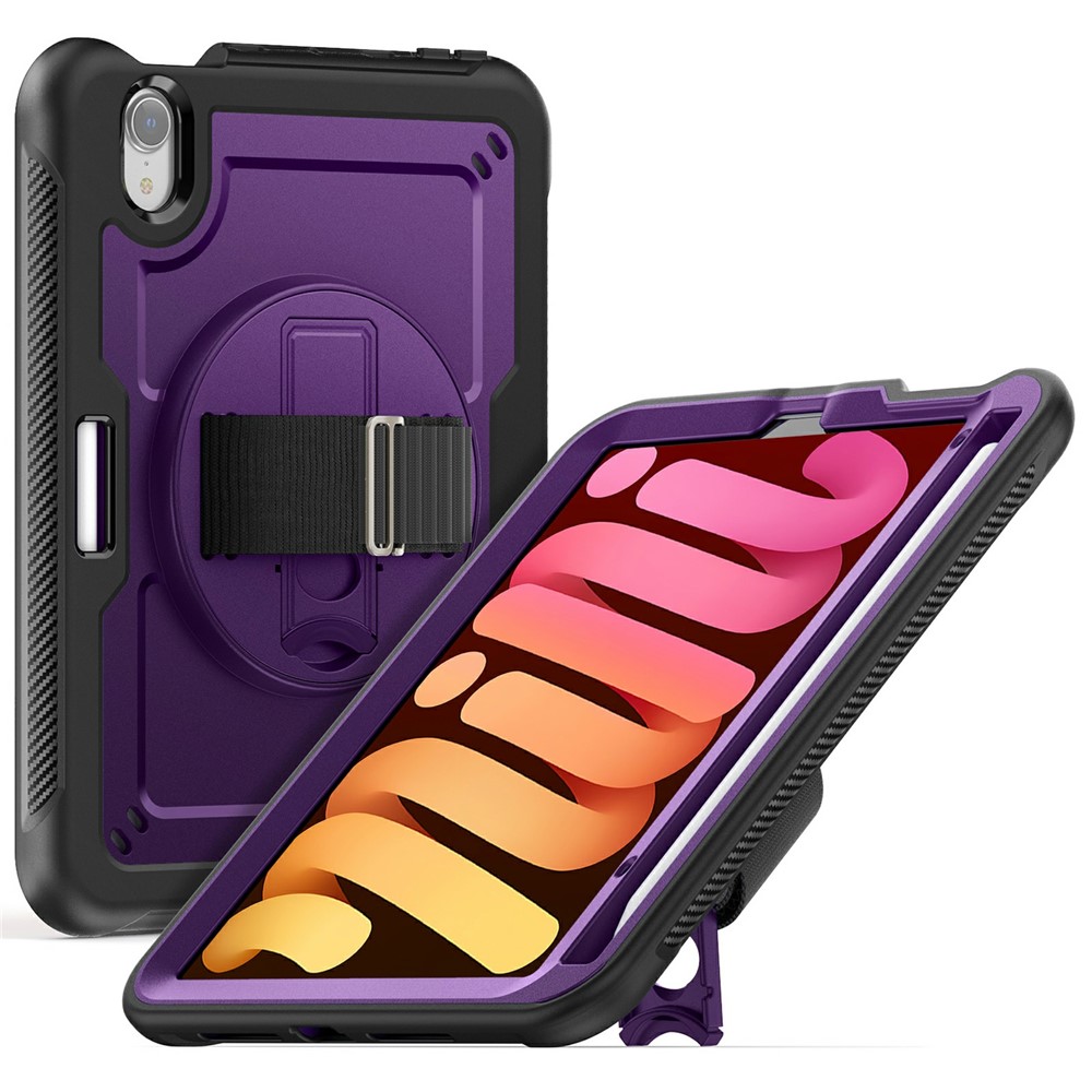 For iPad mini (2024) / (2021) Case Hand Band Kickstand PC + TPU Tablet Cover with Shoulder Strap and Pencil Holder - Purple
