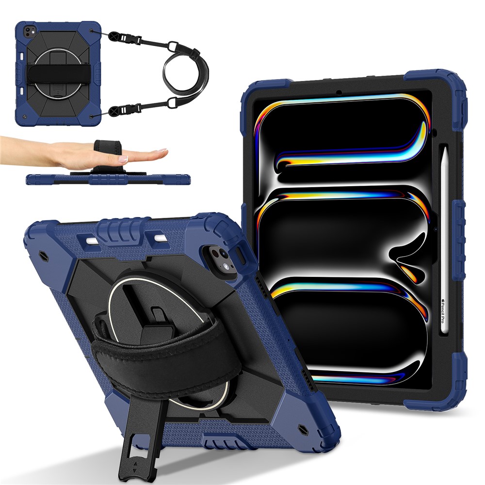 For iPad Pro 13 (2025) / 13 (2024) Case Silicone + PC Kickstand Tablet Cover with Handy Strap, Shoulder Strap - Navy Blue / Black