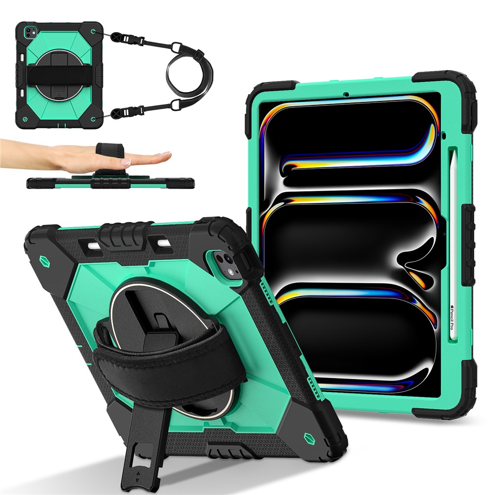For iPad Pro 13 (2025) / 13 (2024) Case Silicone + PC Kickstand Tablet Cover with Handy Strap, Shoulder Strap - Black / Mint Green