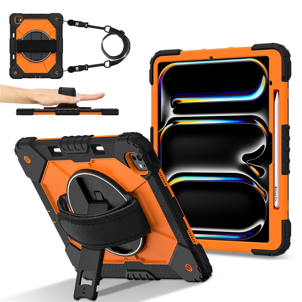 For iPad Pro 13 (2025) / 13 (2024) Case Silicone + PC Kickstand Tablet Cover with Handy Strap, Shoulder Strap - Black / Orange