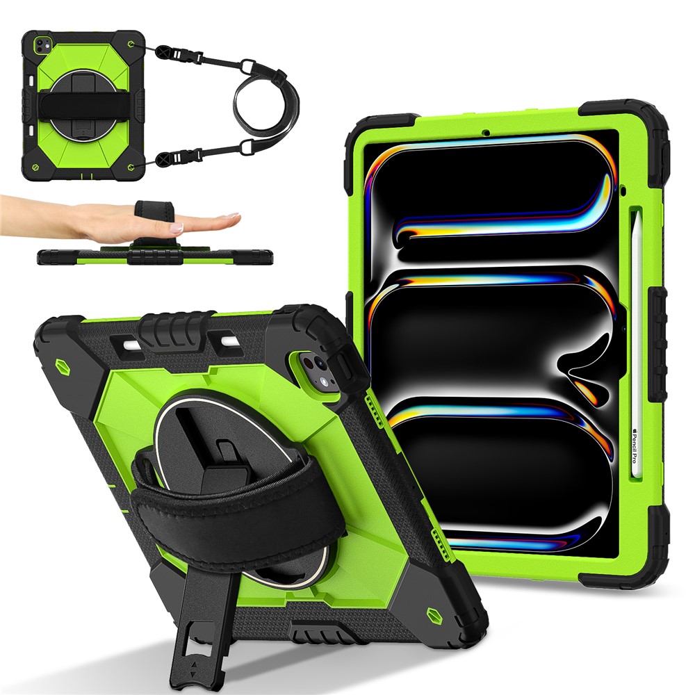 For iPad Pro 13 (2025) / 13 (2024) Case Silicone + PC Kickstand Tablet Cover with Handy Strap, Shoulder Strap - Black / Yellowgreen