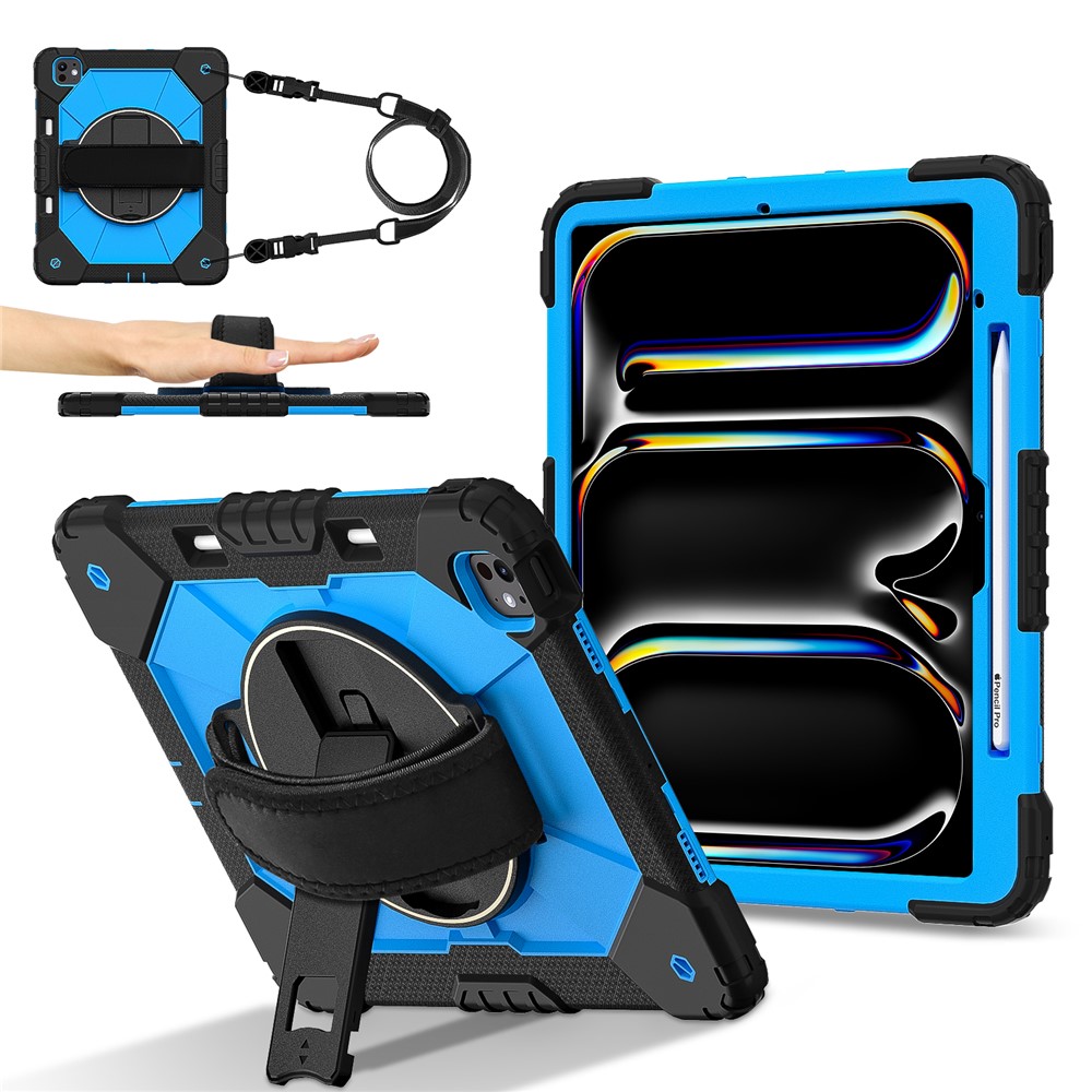 For iPad Pro 13 (2025) / 13 (2024) Case Silicone + PC Kickstand Tablet Cover with Handy Strap, Shoulder Strap - Black / Blue