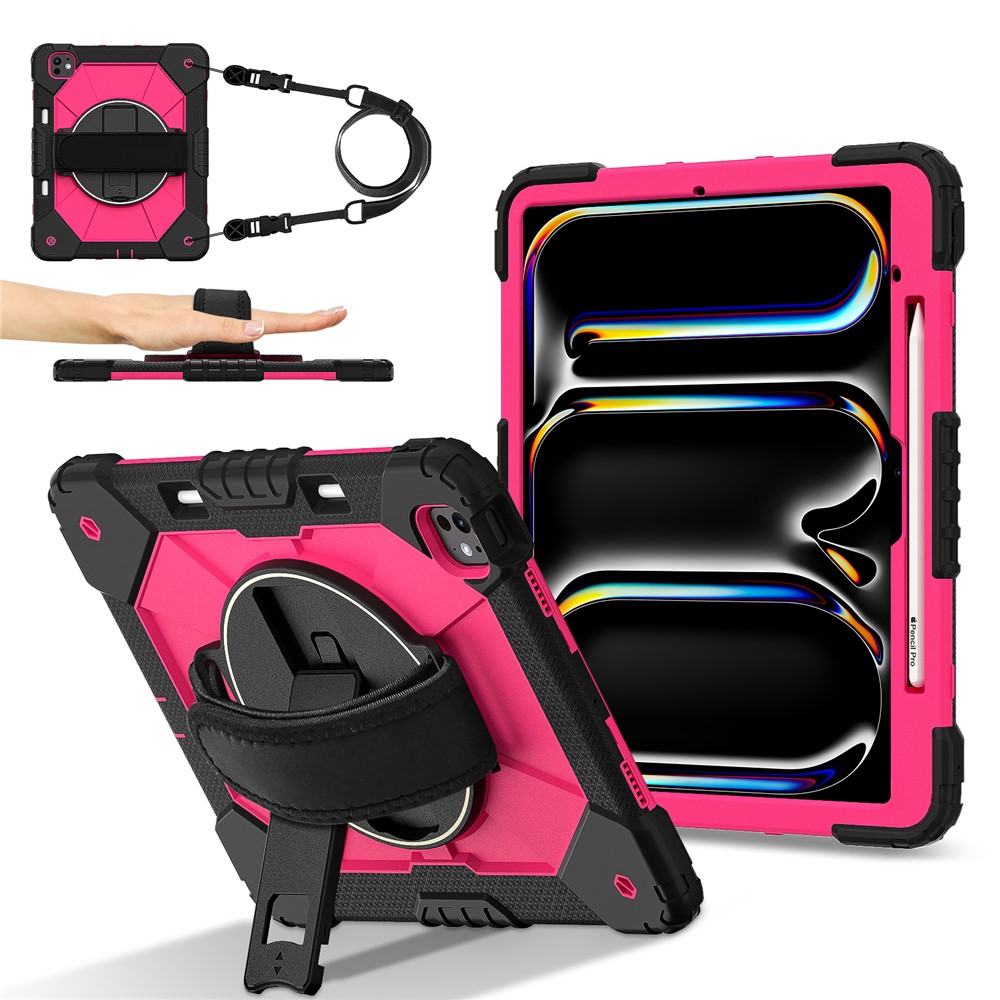 For iPad Pro 13 (2025) / 13 (2024) Case Silicone + PC Kickstand Tablet Cover with Handy Strap, Shoulder Strap - Black / Rose