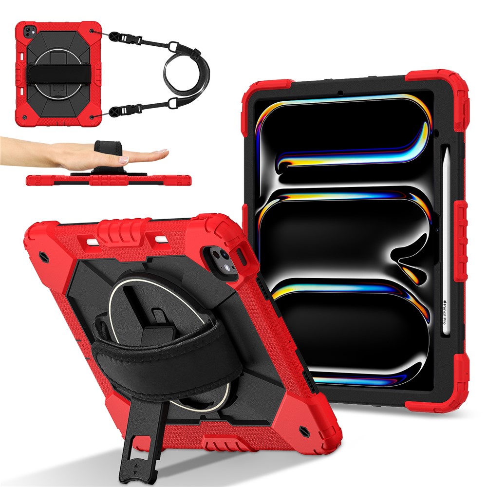 For iPad Pro 13 (2025) / 13 (2024) Case Silicone + PC Kickstand Tablet Cover with Handy Strap, Shoulder Strap - Red / Black
