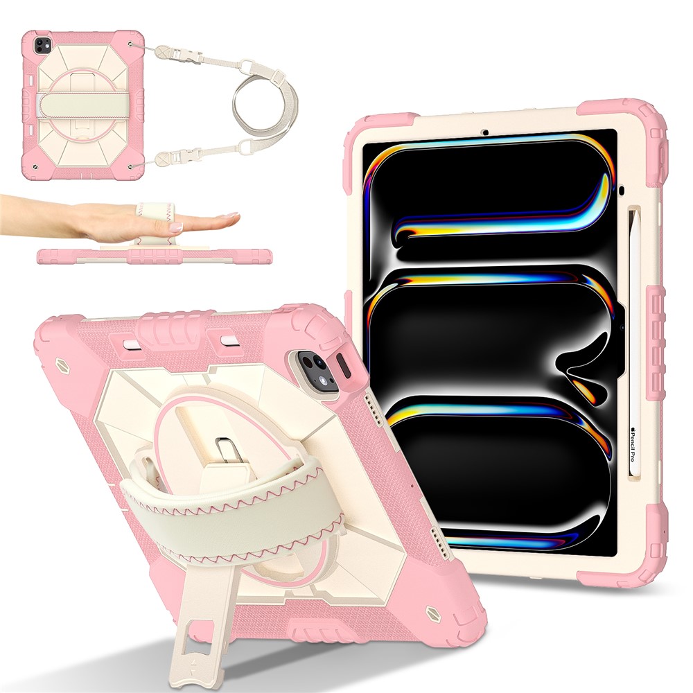 For iPad Pro 13 (2025) / 13 (2024) Case Silicone + PC Kickstand Tablet Cover with Handy Strap, Shoulder Strap - Rose Gold