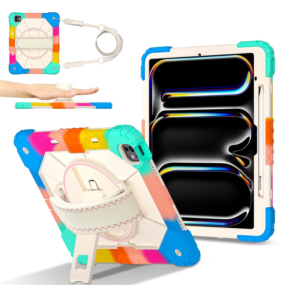 For iPad Pro 13 (2025) / 13 (2024) Case Silicone + PC Kickstand Tablet Cover with Handy Strap, Shoulder Strap - Colorful Blue