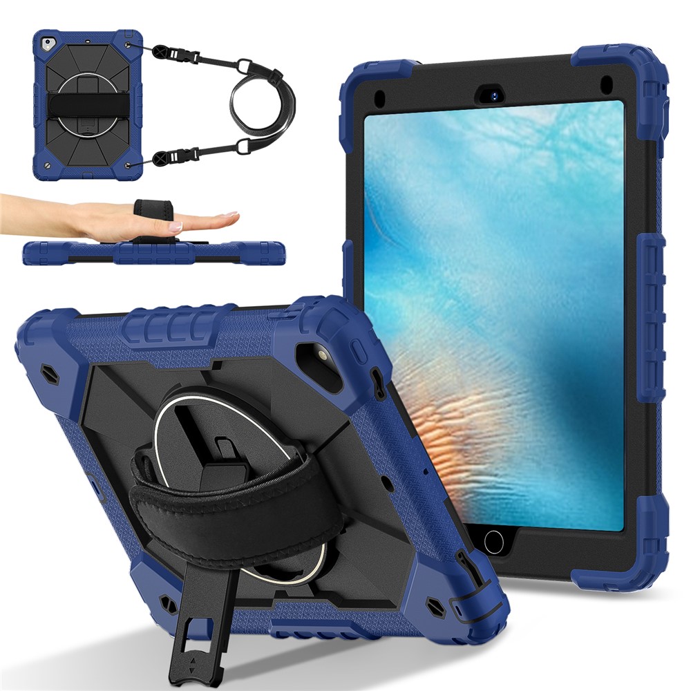 Tablet Case For iPad 9.7-inch (2018) / (2017) / Air 2 Silicone + PC Kickstand Cover with Handy Strap, Shoulder Strap - Navy Blue / Black