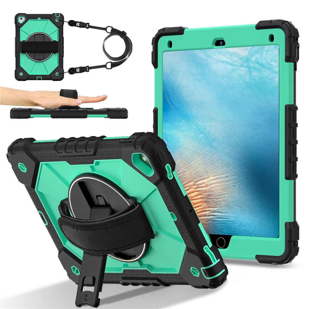 Tablet Case For iPad 9.7-inch (2018) / (2017) / Air 2 Silicone + PC Kickstand Cover with Handy Strap, Shoulder Strap - Black / Mint Green