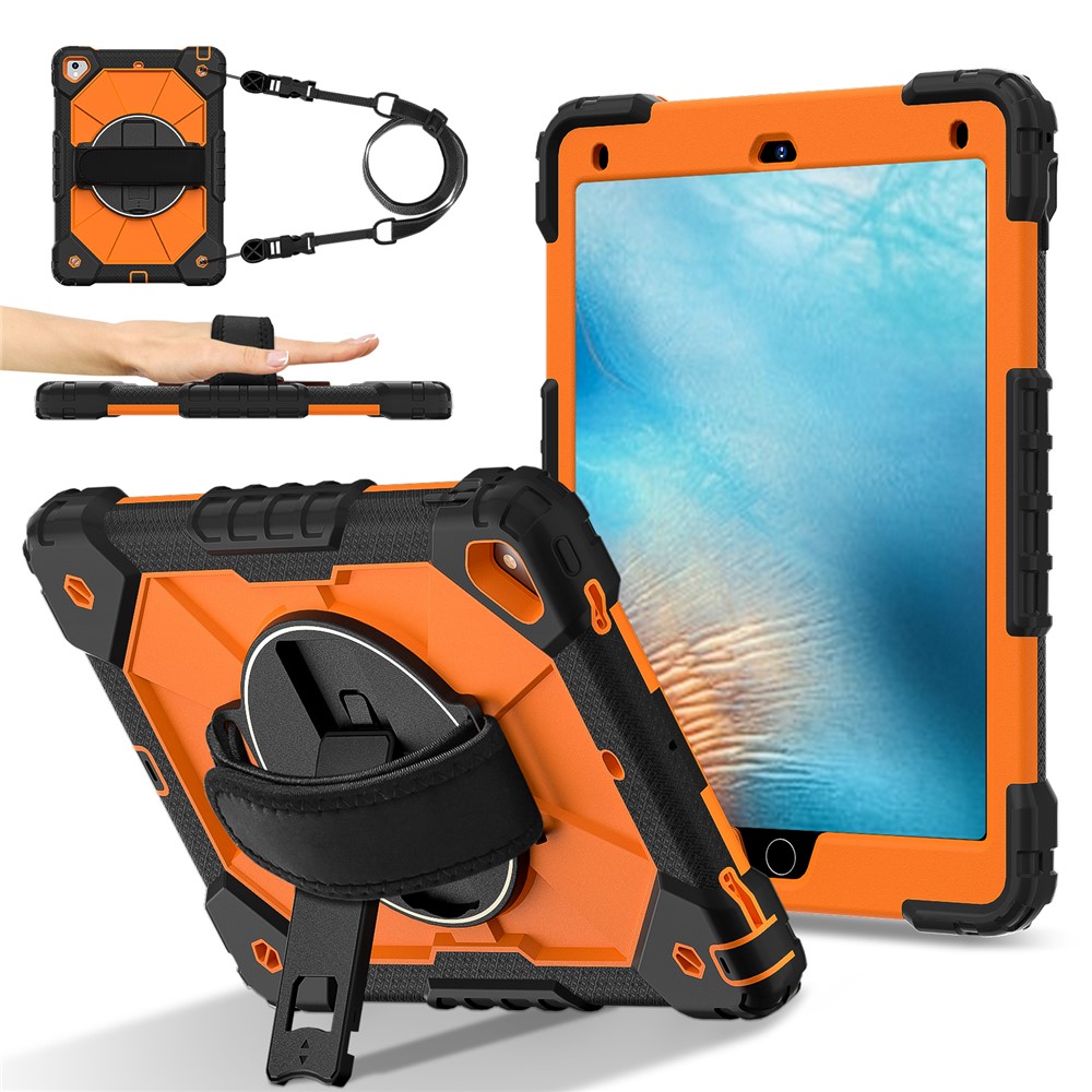 Tablet Case For iPad 9.7-inch (2018) / (2017) / Air 2 Silicone + PC Kickstand Cover with Handy Strap, Shoulder Strap - Black / Orange