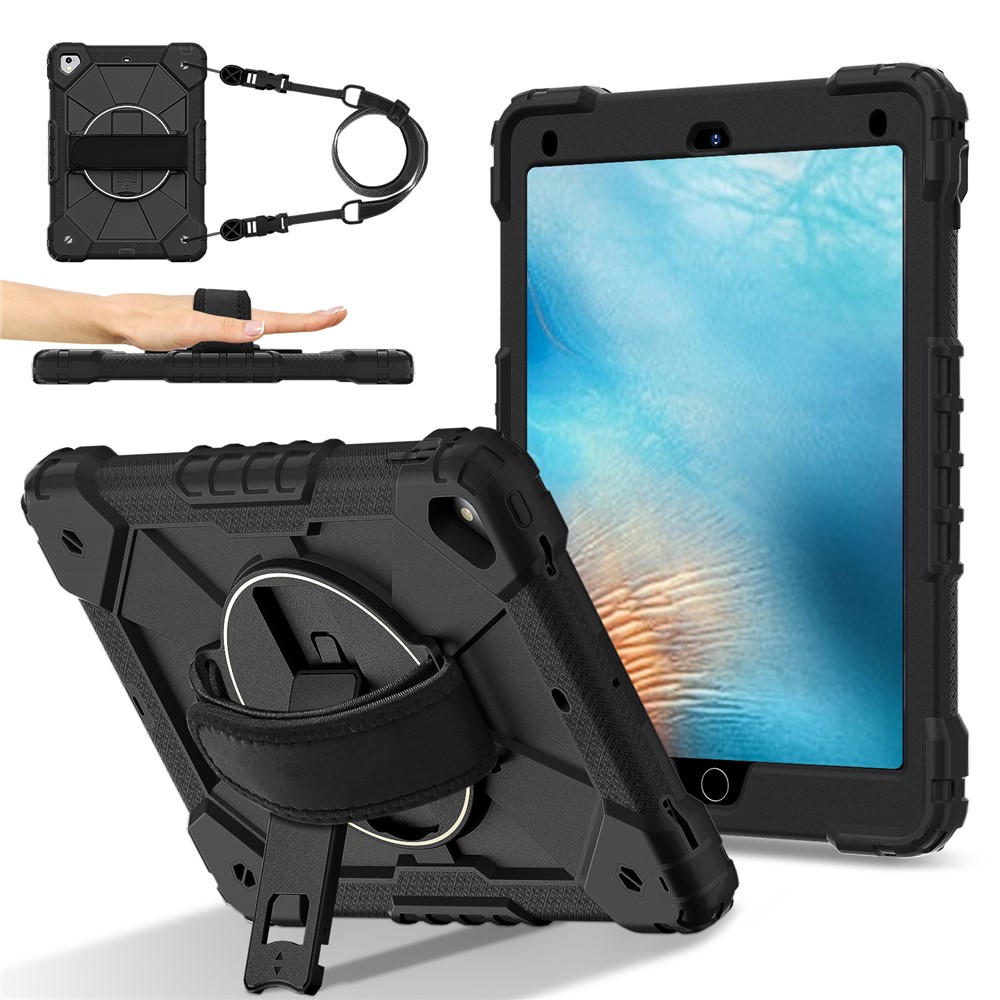 Tablet Case For iPad 9.7-inch (2018) / (2017) / Air 2 Silicone + PC Kickstand Cover with Handy Strap, Shoulder Strap - Black / Black