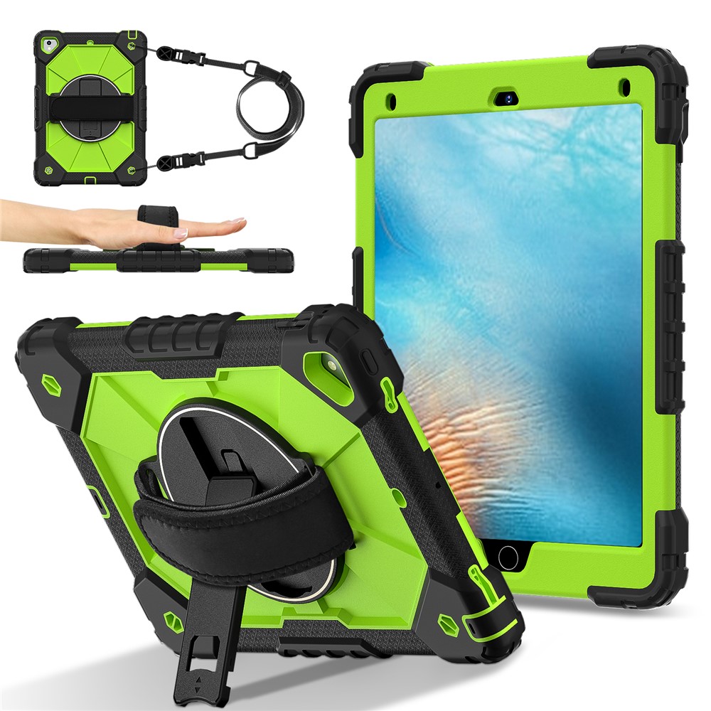Tablet Case For iPad 9.7-inch (2018) / (2017) / Air 2 Silicone + PC Kickstand Cover with Handy Strap, Shoulder Strap - Black / Yellowgreen