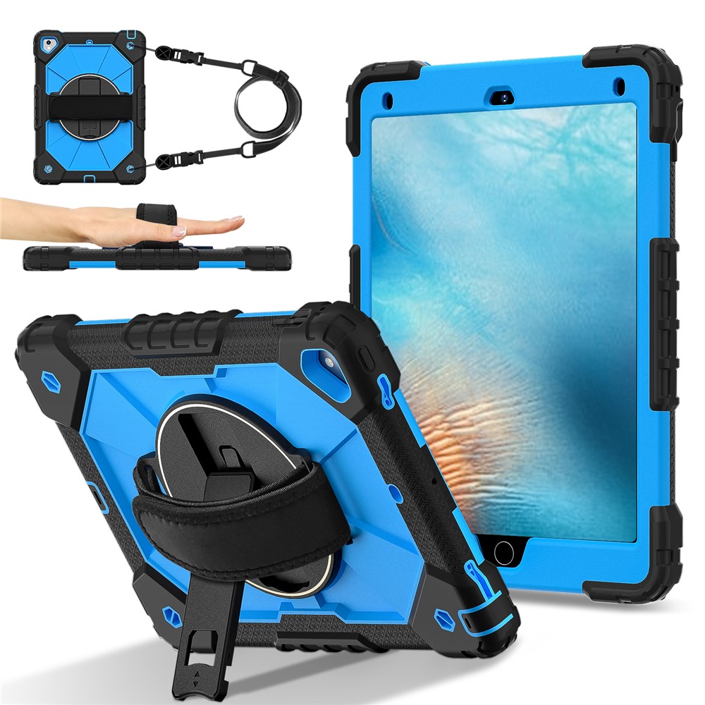 Tablet Case For iPad 9.7-inch (2018) / (2017) / Air 2 Silicone + PC Kickstand Cover with Handy Strap, Shoulder Strap - Black / Blue