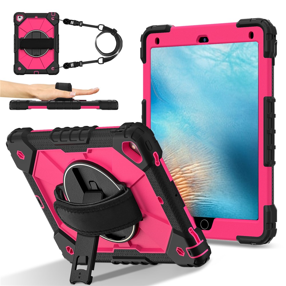 Tablet Case For iPad 9.7-inch (2018) / (2017) / Air 2 Silicone + PC Kickstand Cover with Handy Strap, Shoulder Strap - Black / Rose