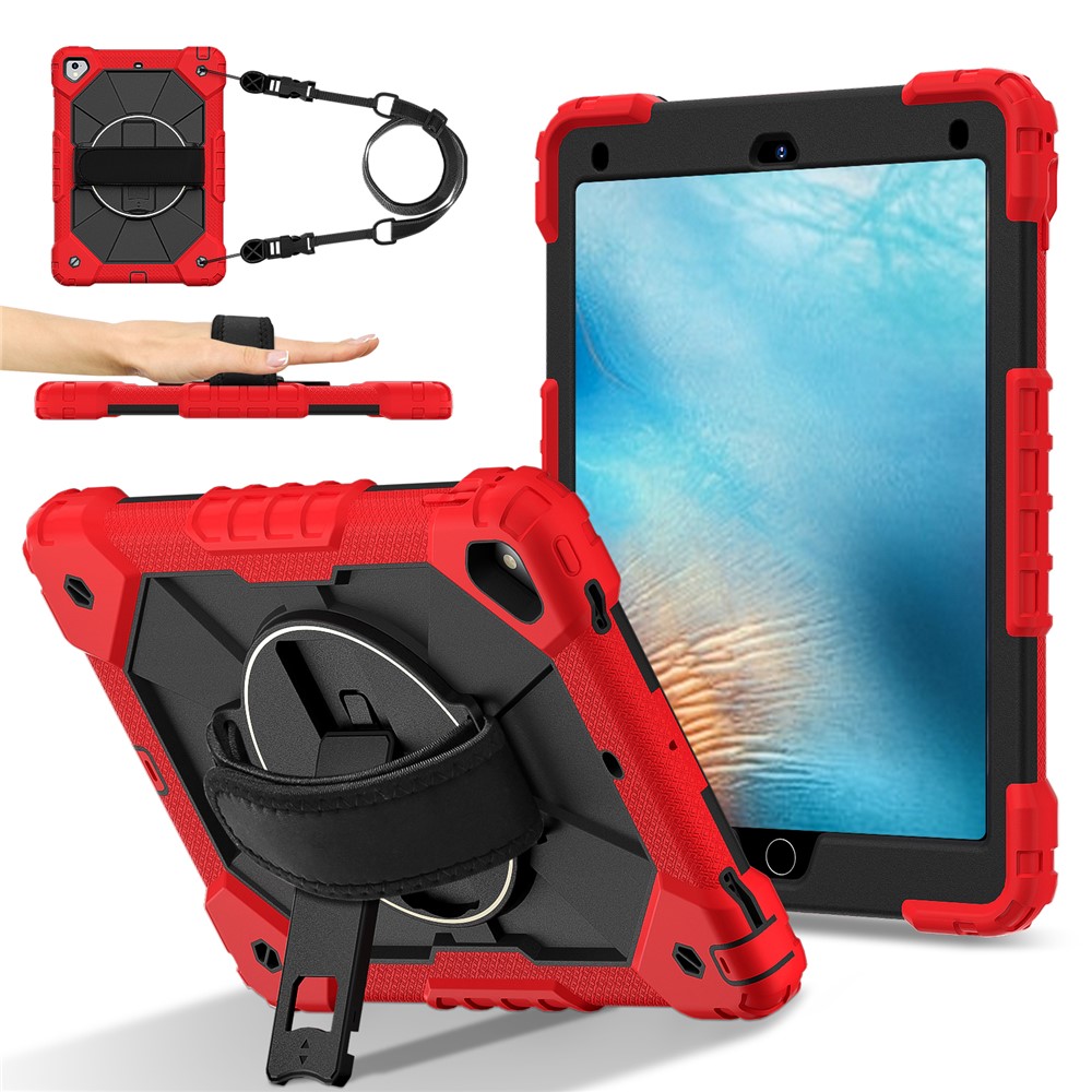 Tablet Case For iPad 9.7-inch (2018) / (2017) / Air 2 Silicone + PC Kickstand Cover with Handy Strap, Shoulder Strap - Red / Black