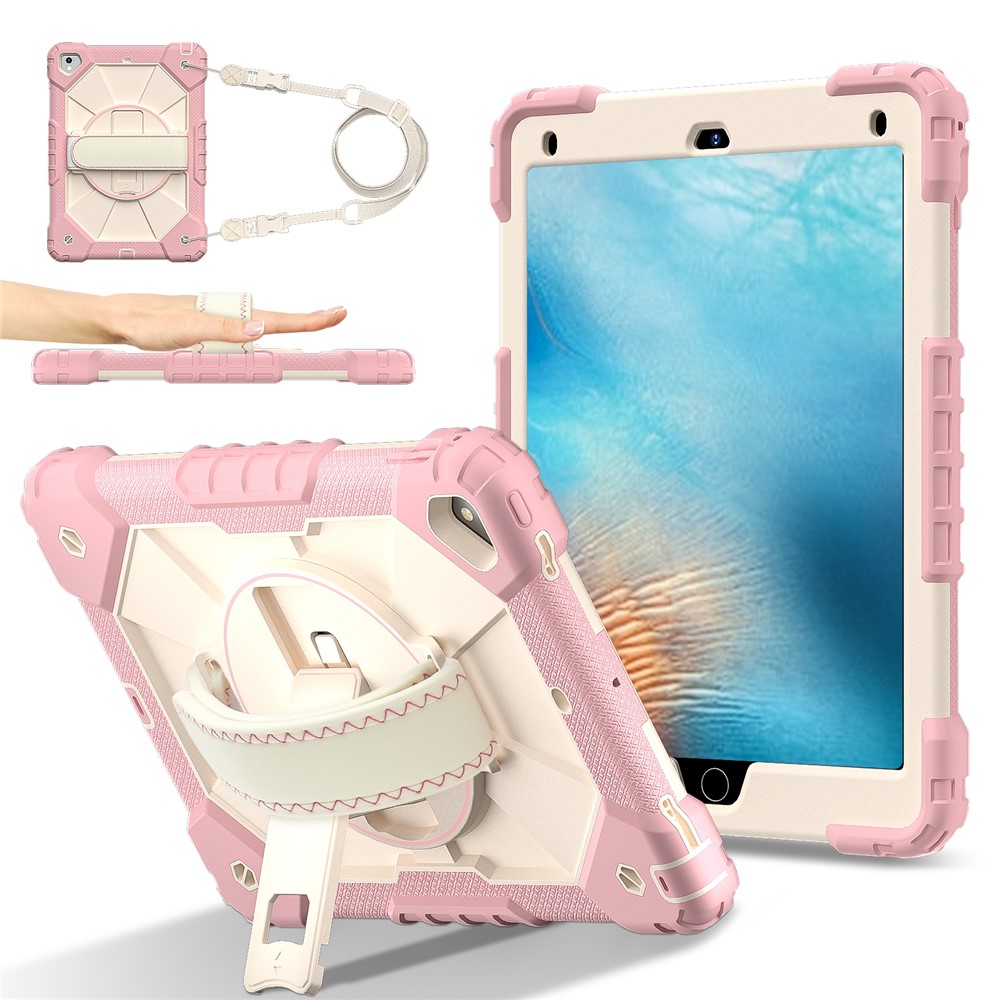 Tablet Case For iPad 9.7-inch (2018) / (2017) / Air 2 Silicone + PC Kickstand Cover with Handy Strap, Shoulder Strap - Rose Gold