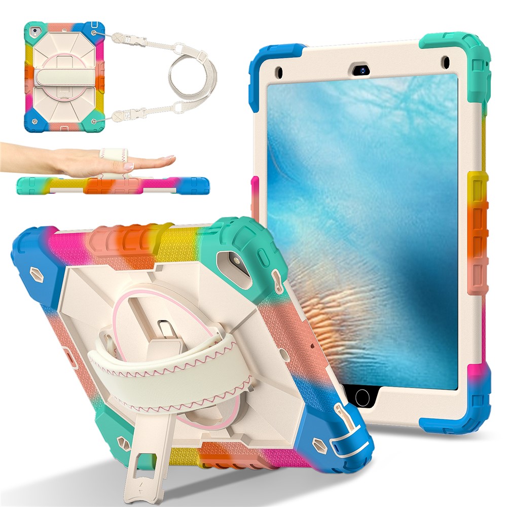 Tablet Case For iPad 9.7-inch (2018) / (2017) / Air 2 Silicone + PC Kickstand Cover with Handy Strap, Shoulder Strap - Colorful Blue