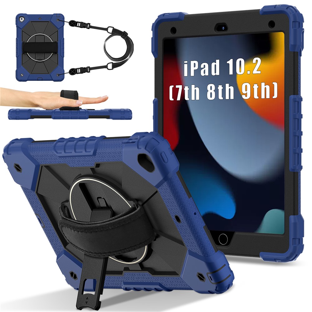 Tablet Case For iPad 10.2 (2021) / (2020) / (2019) Silicone + PC Kickstand Cover with Handy Strap, Shoulder Strap - Blue / Black