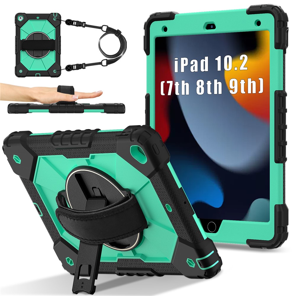 Tablet Case For iPad 10.2 (2021) / (2020) / (2019) Silicone + PC Kickstand Cover with Handy Strap, Shoulder Strap - Black / Mint Green